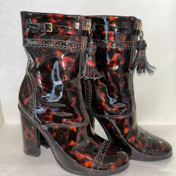 Tory Burch Patent Leather Animal Print Mid Calf Boots Size 7 - Picture 4 of 6